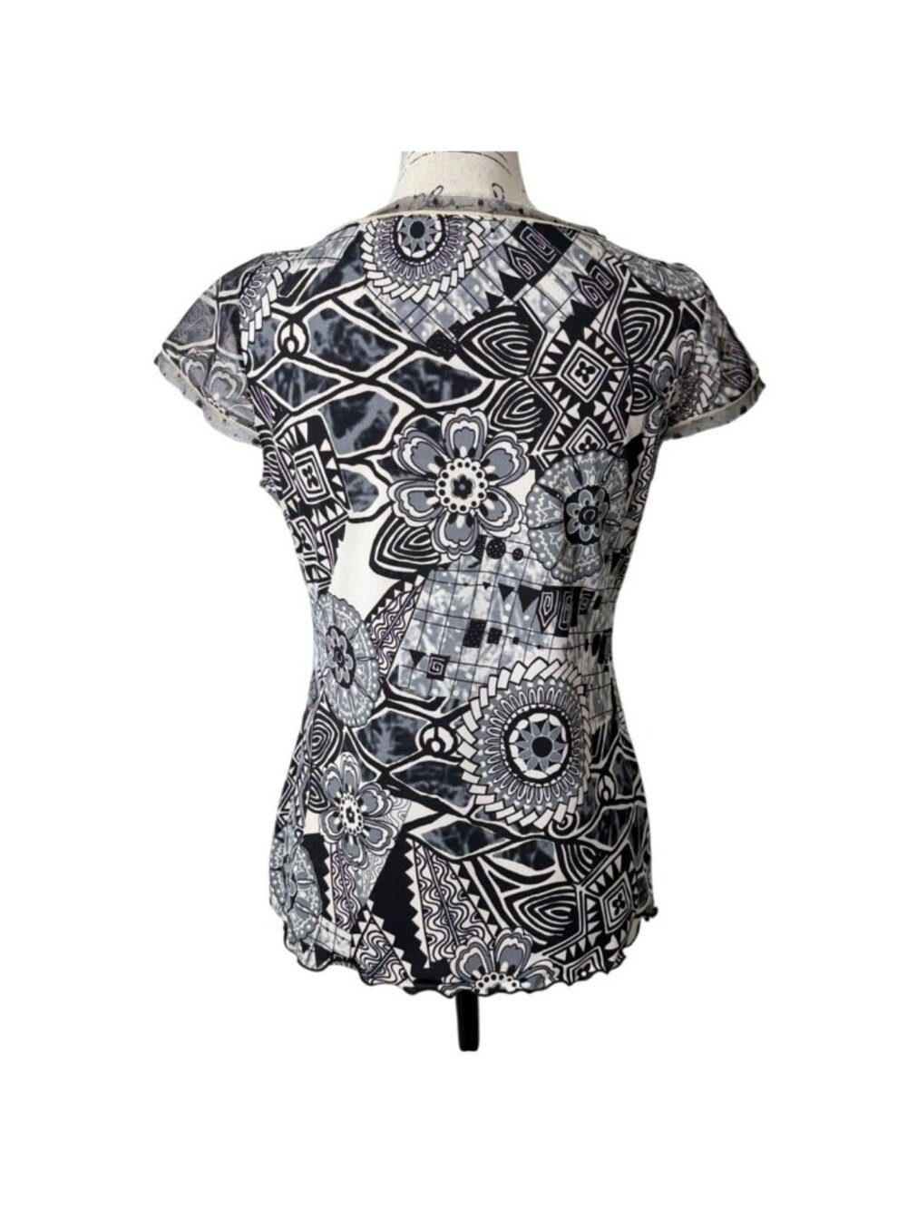 Anac by Kimi Womens Size L Top Mesh Y2K Black Gray Abstract Cap Sleeve Artsy - Picture 3 of 7